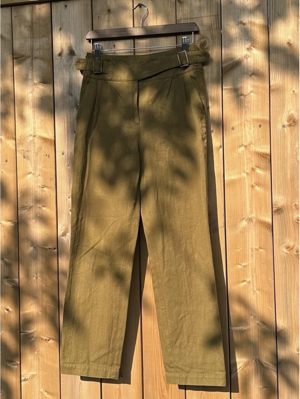 Olive Green Cotton Linen High Rise Trousers